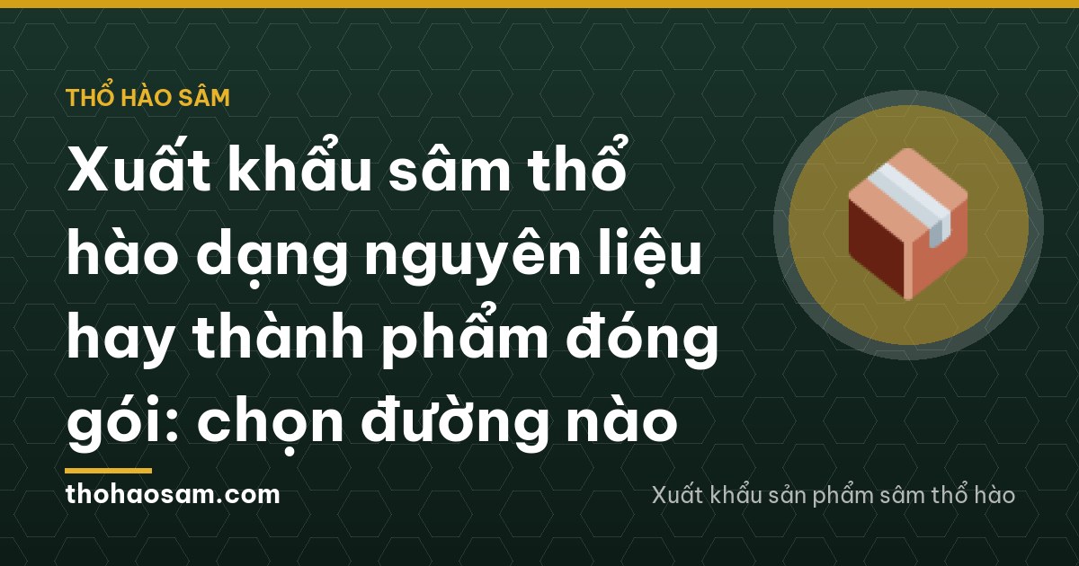 Two workers in hairnets in a Hue workshop filling large woven sacks with dried pale root slices beside a scale, rows of small sealed retail pouches on a shelf behind